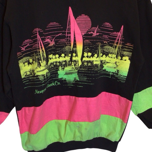 Vintage 80s Diport USA Sweatshirt Womens L Neon Puff Paint Newport Beach Coastal - Picture 4 of 14